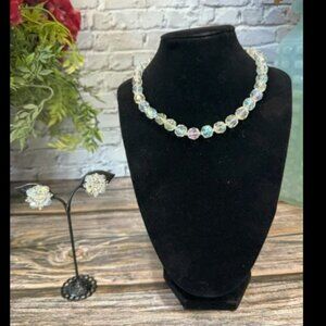 Vintage Aurora Borealis Crystal Necklace and Cluster Earrings STE104